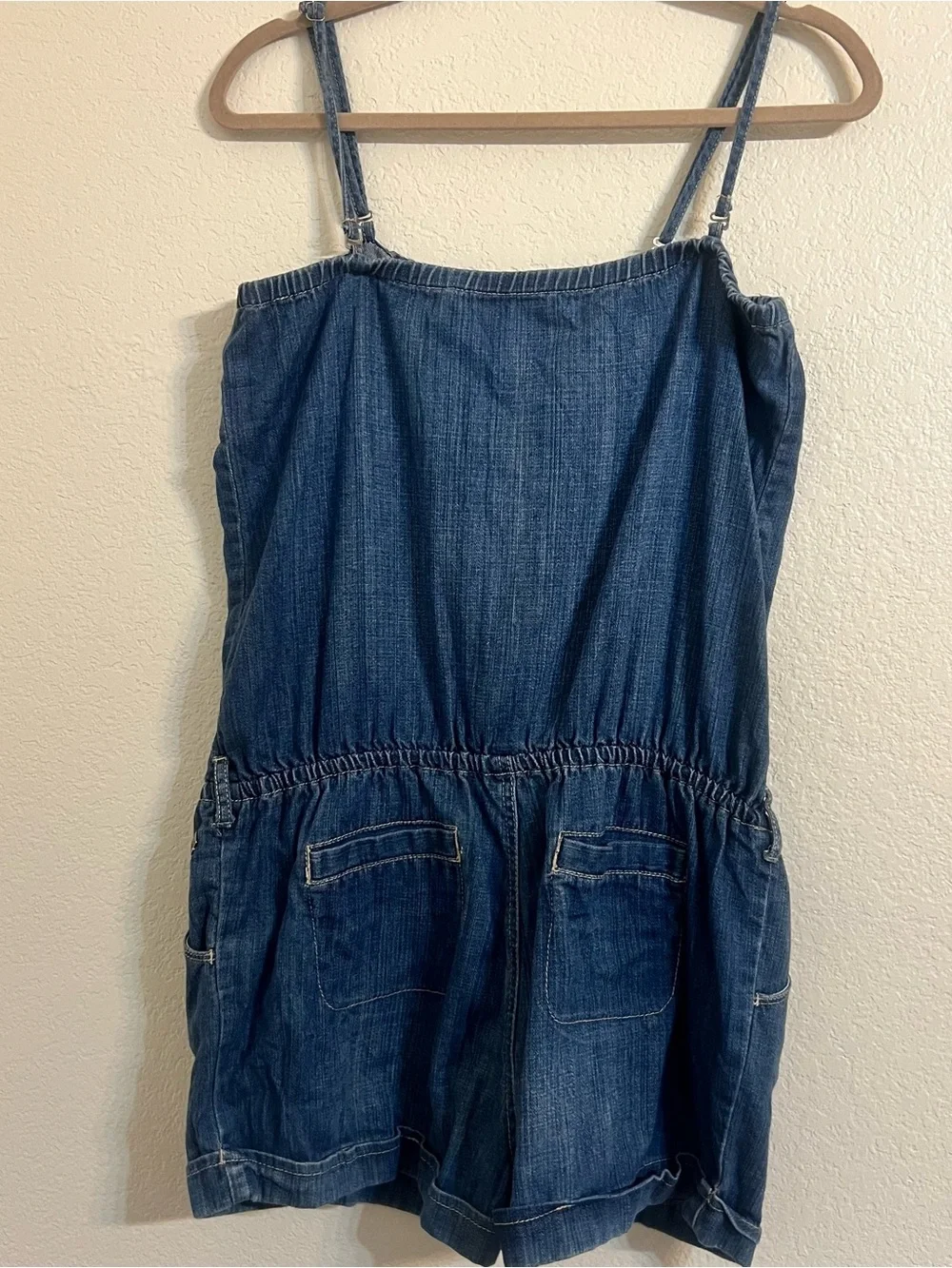 Roxy  Blue Denim Romper Shorts casual relaxed summer strapless classic vacation